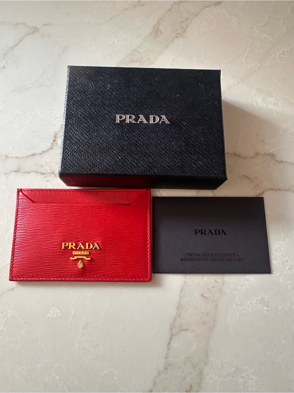 Prada Red Saffiano Leather Card Key Holder With Gold Logo Prada Red Saffiano Leather Card Key Holder With Gold Logo